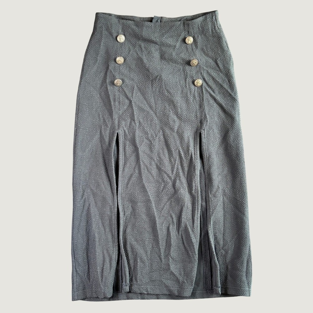 Maeve Anthropologie Midi Skirt 6 Navy Nautical Double Button Textured Crepe Slit